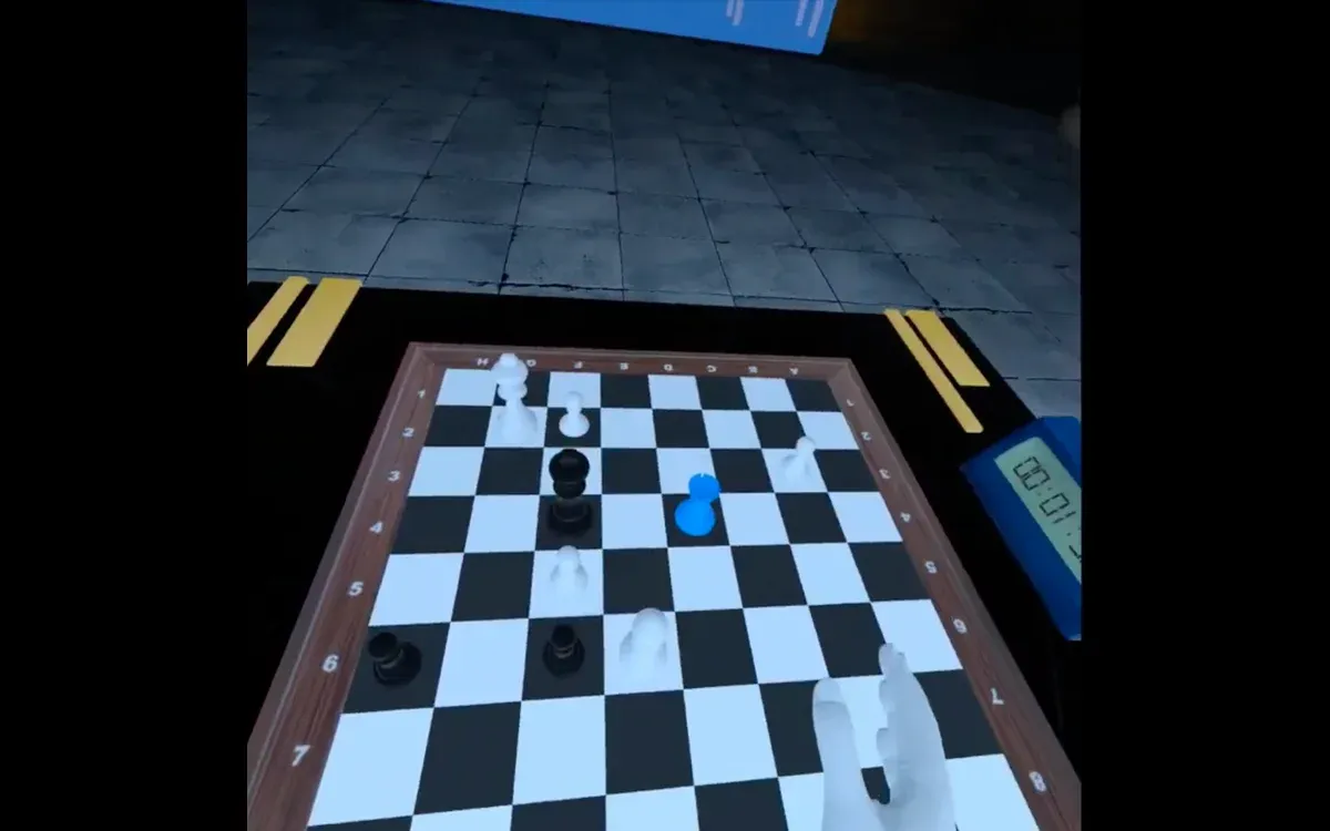 A chess board seen in VR with rendered hands reaching for a piece