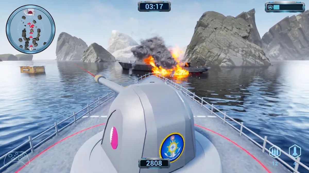 First-person view from a warship bow, guns trained on a burning enemy vessel, with radar, timer, shield and ammunition HUD